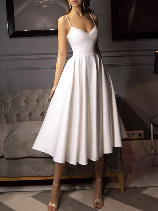 A-line Spaghetti Straps Ruffles Tea-Length Satin Wedding Dress