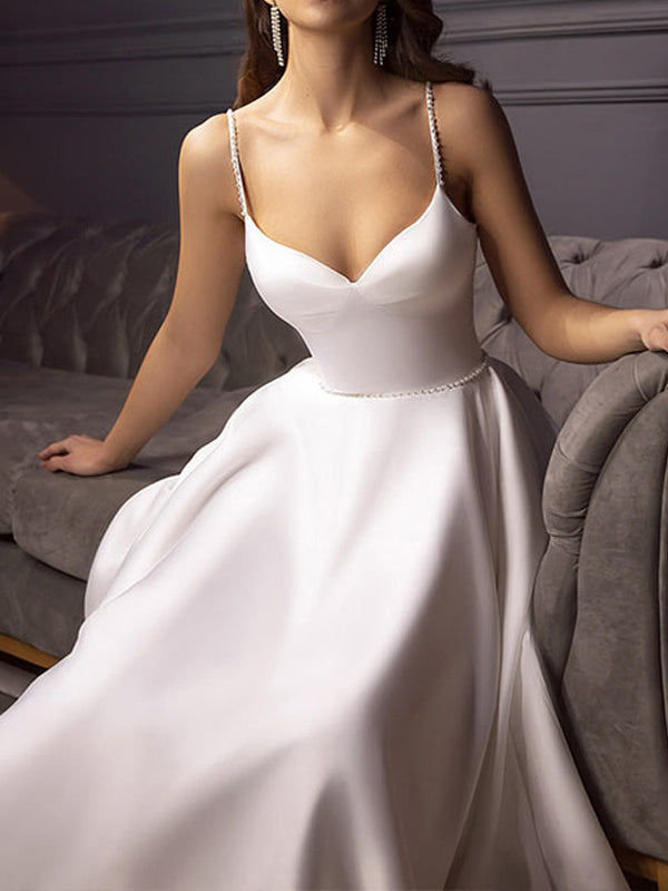A-line Spaghetti Straps Ruffles Tea-Length Satin Wedding Dress