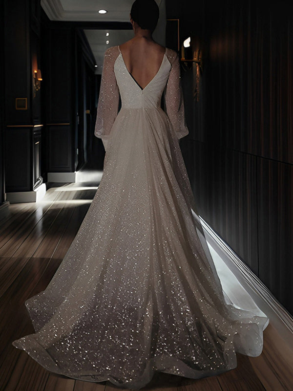 A-line V-neck Long Sleeves Ruffles Sweep Train Corset Wedding Dress