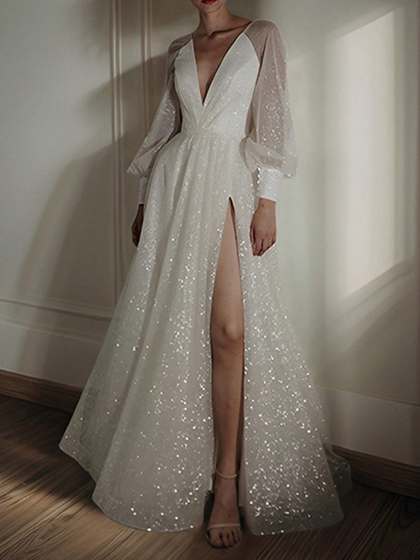 A-line V-neck Long Sleeves Ruffles Sweep Train Corset Wedding Dress