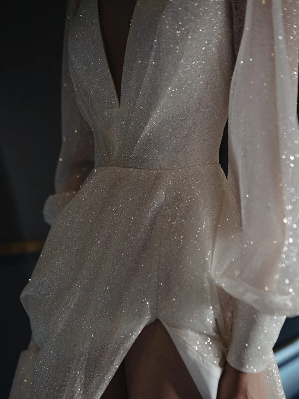 A-line V-neck Long Sleeves Ruffles Sweep Train Corset Wedding Dress