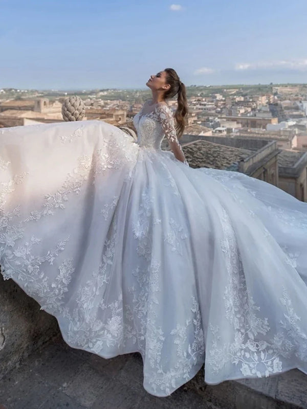 A-line Sweetheart Long Sleeves Appliques Lace Chapel Train Tulle Corset Wedding Dress