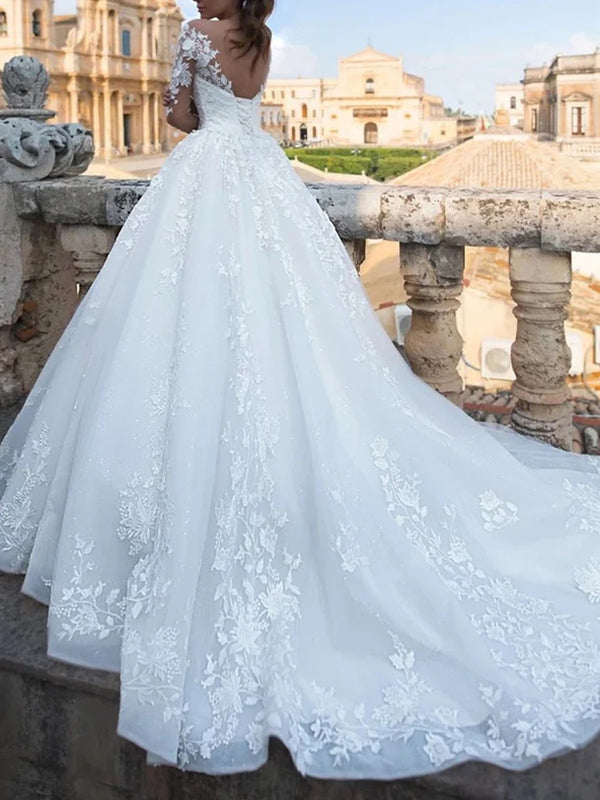 A-line Sweetheart Long Sleeves Appliques Lace Chapel Train Tulle Corset Wedding Dress