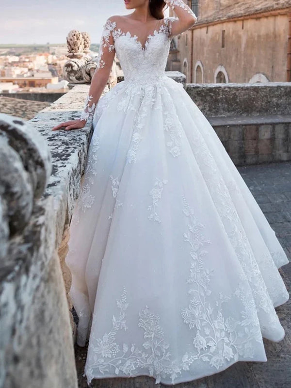 A-line Sweetheart Long Sleeves Appliques Lace Chapel Train Tulle Corset Wedding Dress