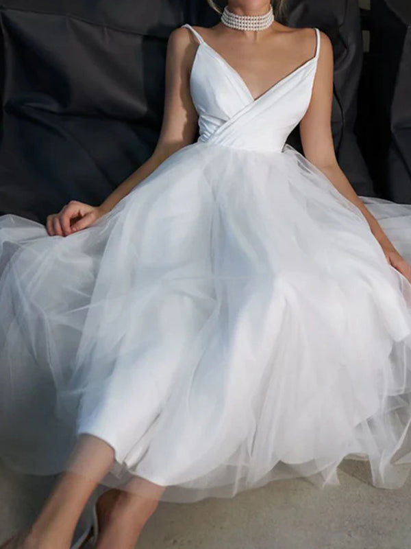 A-line V-neck Ruffles Ankle-Length Tulle Corset Wedding Dress