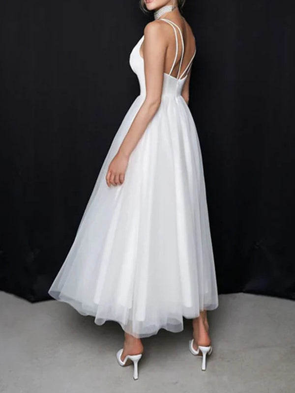 A-line V-neck Ruffles Ankle-Length Tulle Corset Wedding Dress