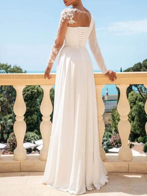 A-line Illusion Long Sleeves Pleated Floor-Length Chiffon Corset Wedding Dress
