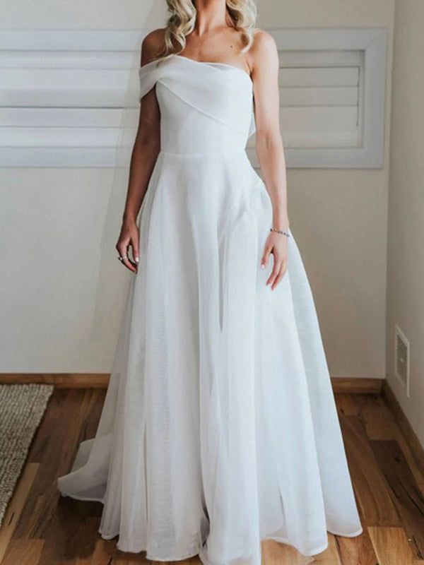 A-line One-Shoulder Floor-Length Tulle Corset Wedding Dress