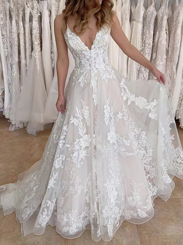 A-line V-neck Appliques Lace Court Train Tulle Corset Wedding Dress