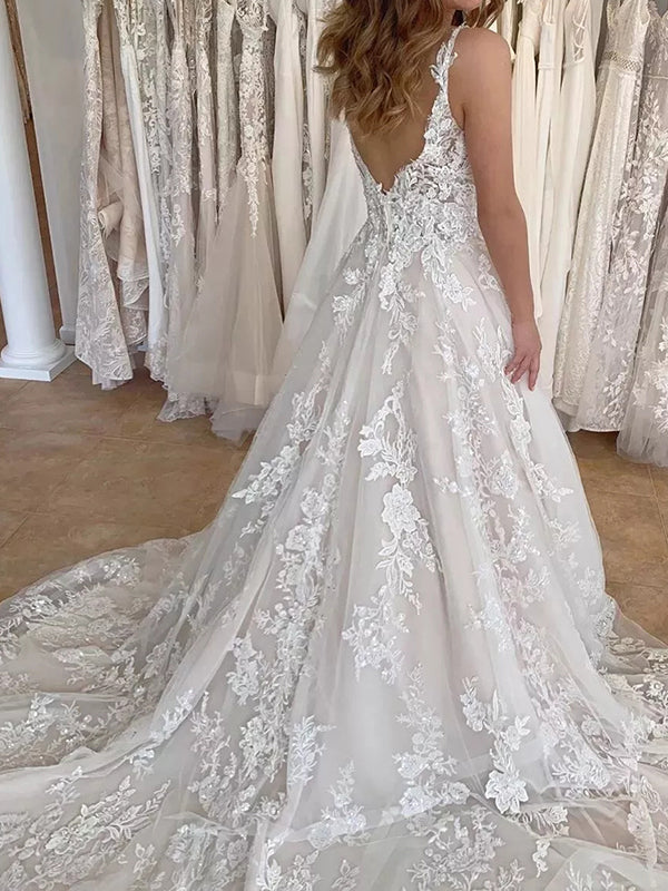 A-line V-neck Appliques Lace Court Train Tulle Corset Wedding Dress