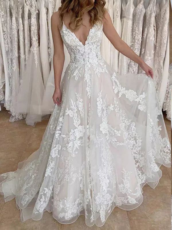 A-line V-neck Appliques Lace Court Train Tulle Corset Wedding Dress