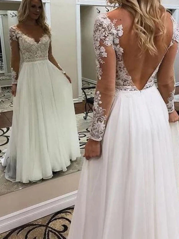 A-line V-neck Long Sleeves Appliques Lace Sweep Train Tulle Corset Wedding Dress