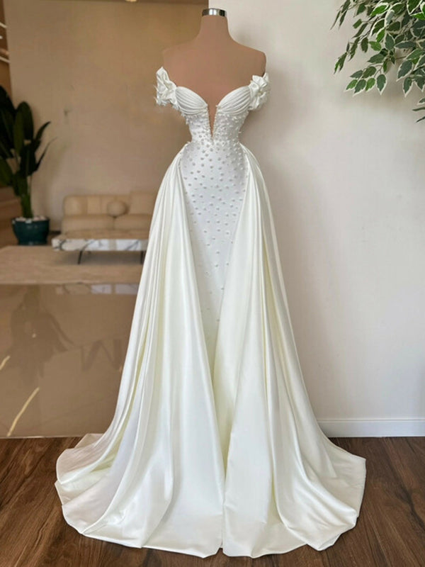 Sheath Off-the-Shoulder Beading Sweep Train Satin Corset Wedding Dress