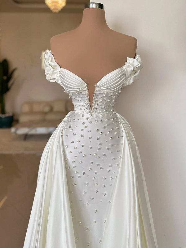 Sheath Off-the-Shoulder Beading Sweep Train Satin Corset Wedding Dress