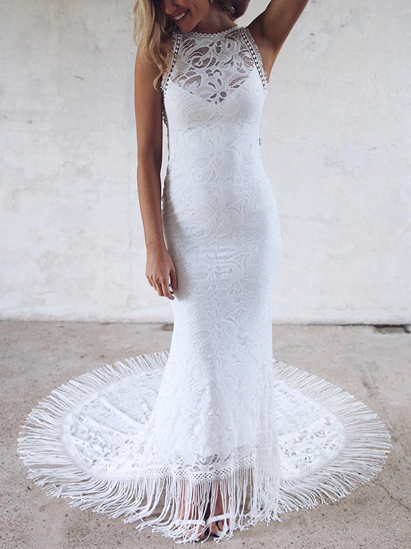 Sheath Jewel Chapel Train Lace Wedding Dress