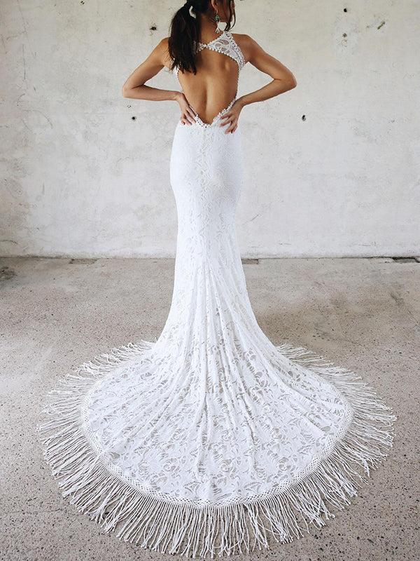 Sheath Jewel Chapel Train Lace Wedding Dress