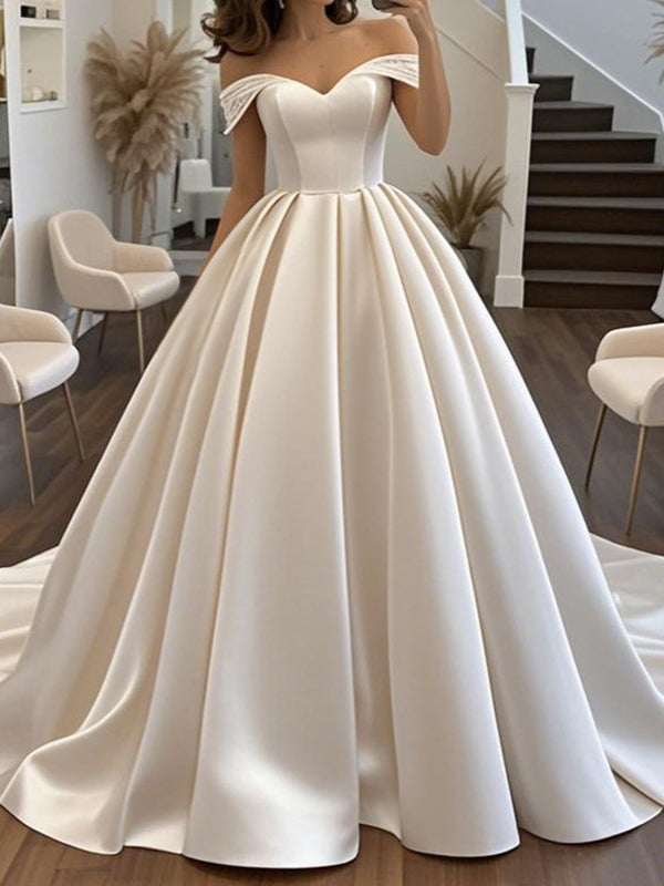 Ball-Gown Off-the-Shoulder Pleated Chapel Train Satin Corset Wedding Dress