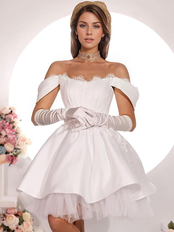 A-line Off-the-Shoulder Lace Short/Mini Satin Corset Wedding Dress