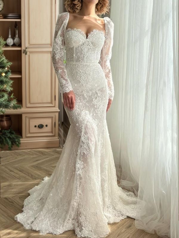 Sheath Sweetheart Long Sleeves Sweep Train Lace Corset Wedding Dress