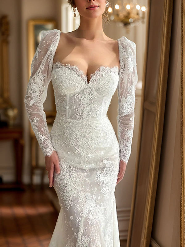 Sheath Sweetheart Long Sleeves Sweep Train Lace Corset Wedding Dress