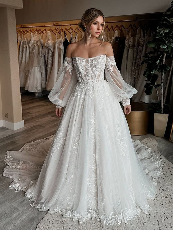 A-line Straight Long Sleeves Appliques Lace Chapel Train Tulle Corset Wedding Dress