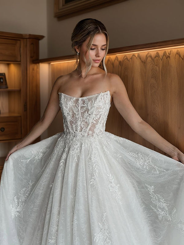 A-line Straight Long Sleeves Appliques Lace Chapel Train Tulle Corset Wedding Dress