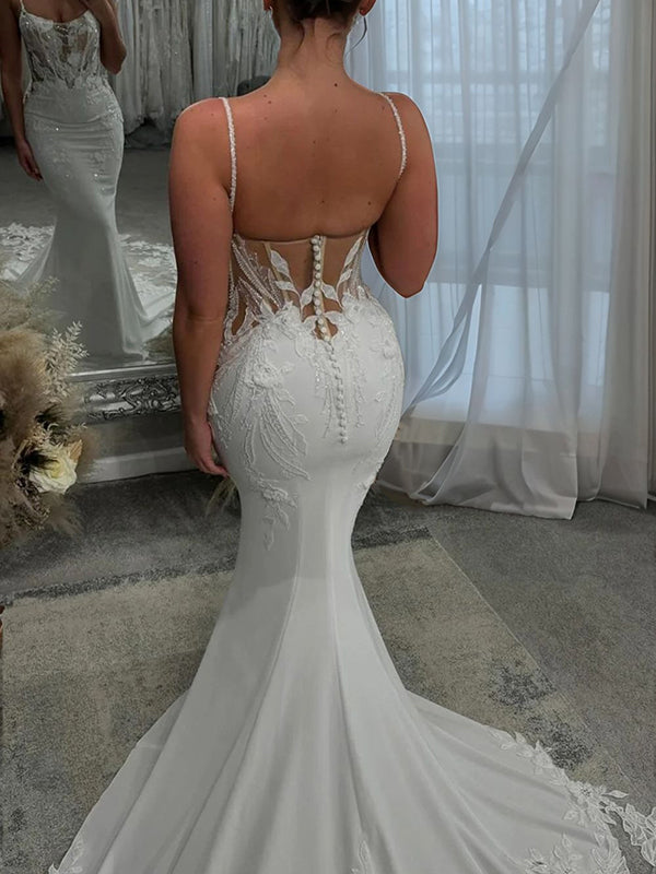 Sheath Spaghetti Straps Appliques Lace Cathedral Train Satin Chiffon Corset Wedding Dress