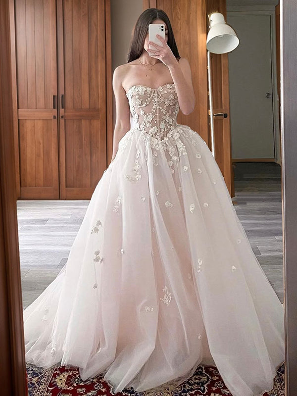 A-line Sweetheart Flower Court Train Tulle Corset Wedding Dress