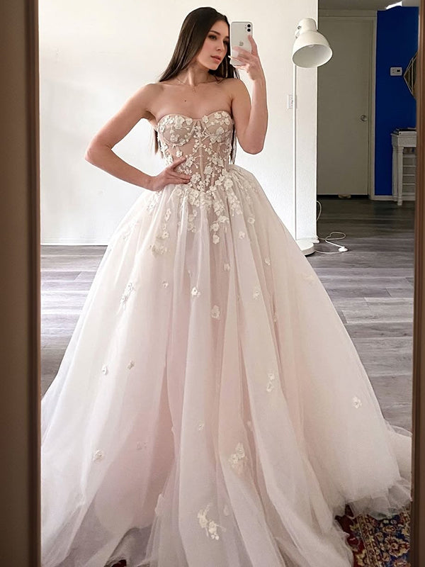 A-line Sweetheart Flower Court Train Tulle Corset Wedding Dress