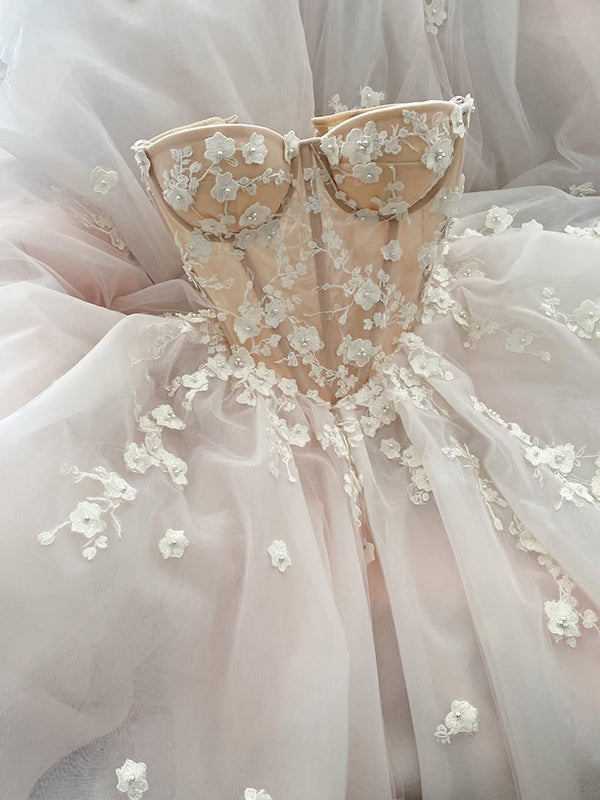 A-line Sweetheart Flower Court Train Tulle Corset Wedding Dress