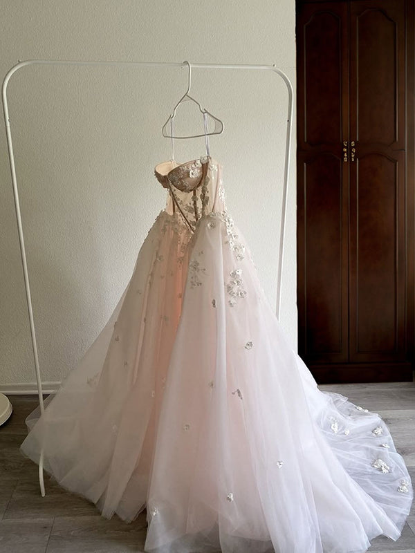 A-line Sweetheart Flower Court Train Tulle Corset Wedding Dress