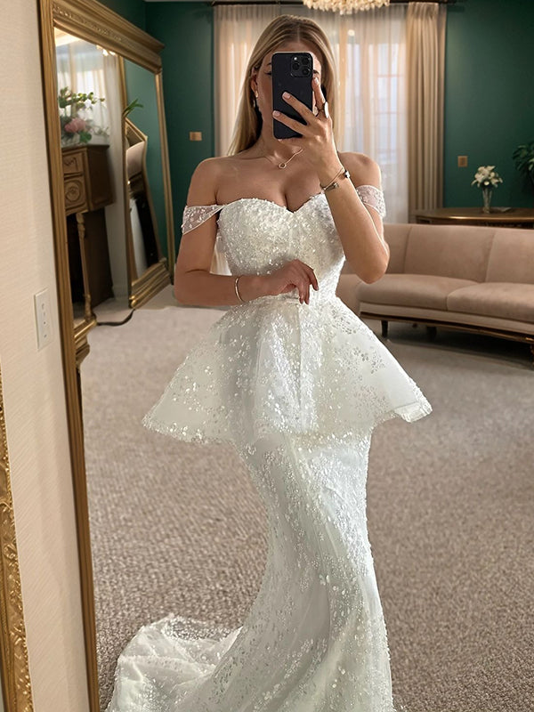 Mermaid Off-the-Shoulder Sweep Train Lace Corset Wedding Dress