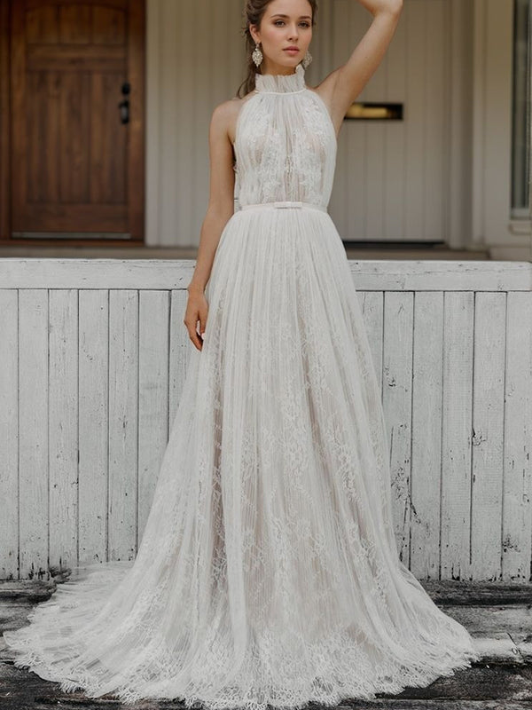 A-line High Neck Lace Sweep Train Tulle Wedding Dress