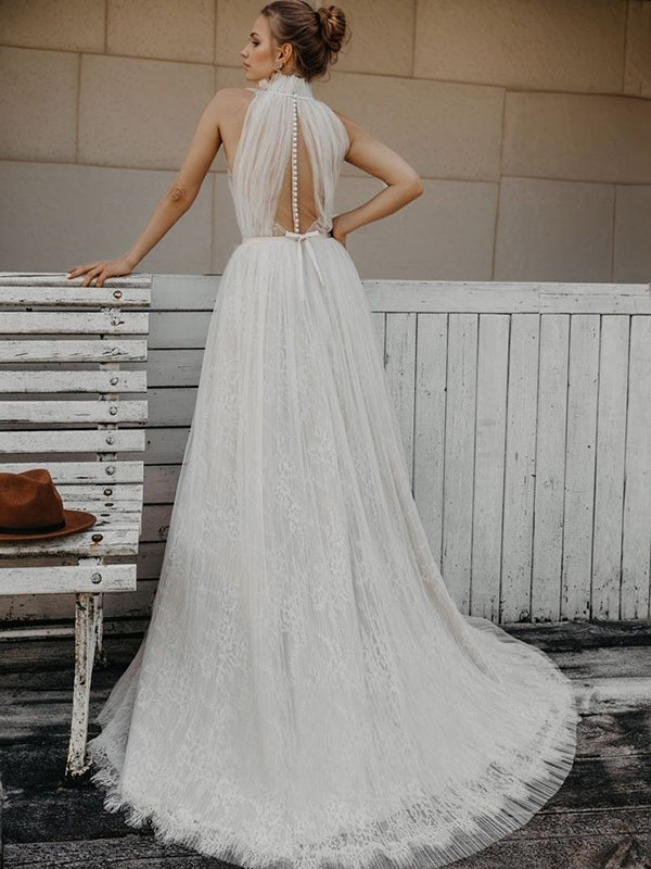 A-line High Neck Lace Sweep Train Tulle Wedding Dress