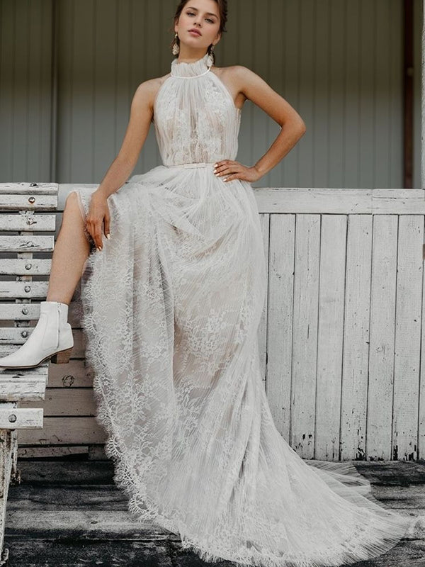 A-line High Neck Lace Sweep Train Tulle Wedding Dress