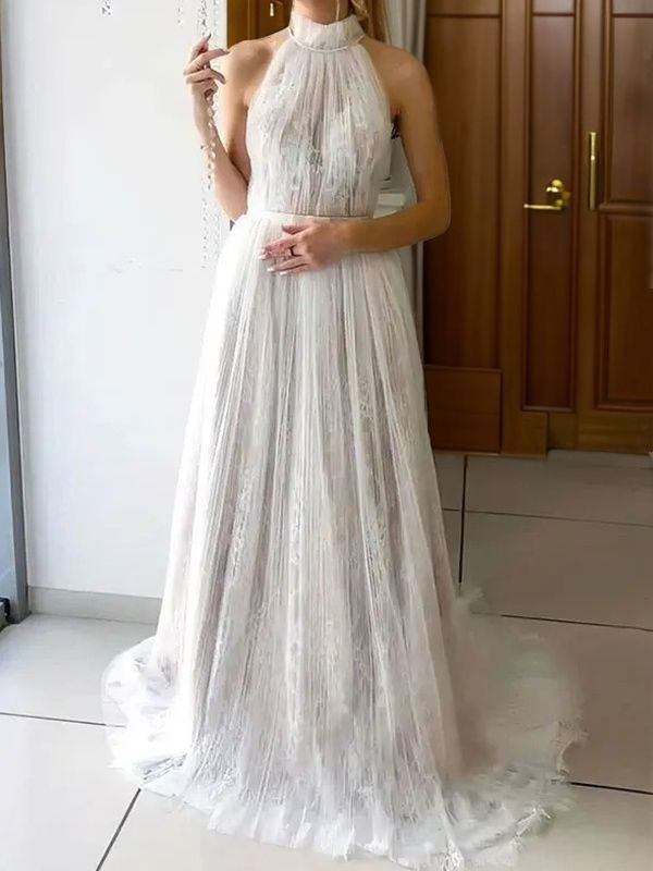 A-line High Neck Lace Sweep Train Tulle Wedding Dress