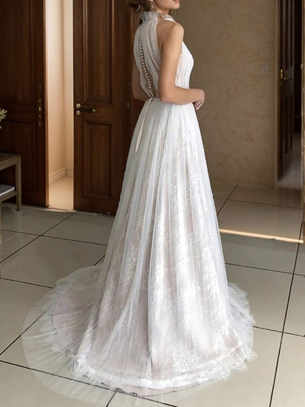 A-line High Neck Lace Sweep Train Tulle Wedding Dress