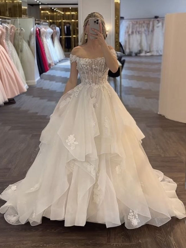 Ball-Gown Off-the-Shoulder Appliques Lace Court Train Tulle Corset Wedding Dress