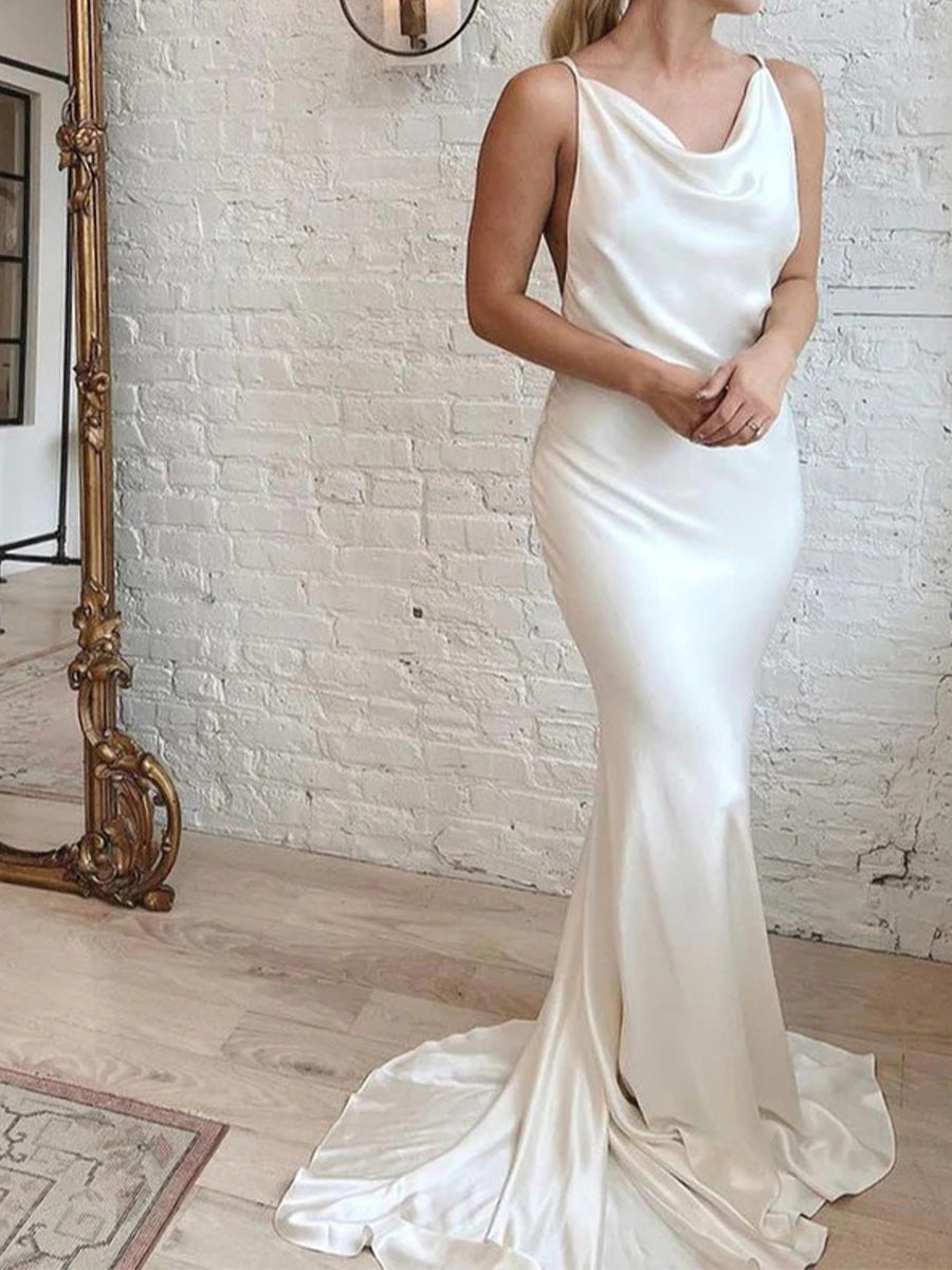 Sheath Cowl Court Train Silk Like Satin Wedding Dress