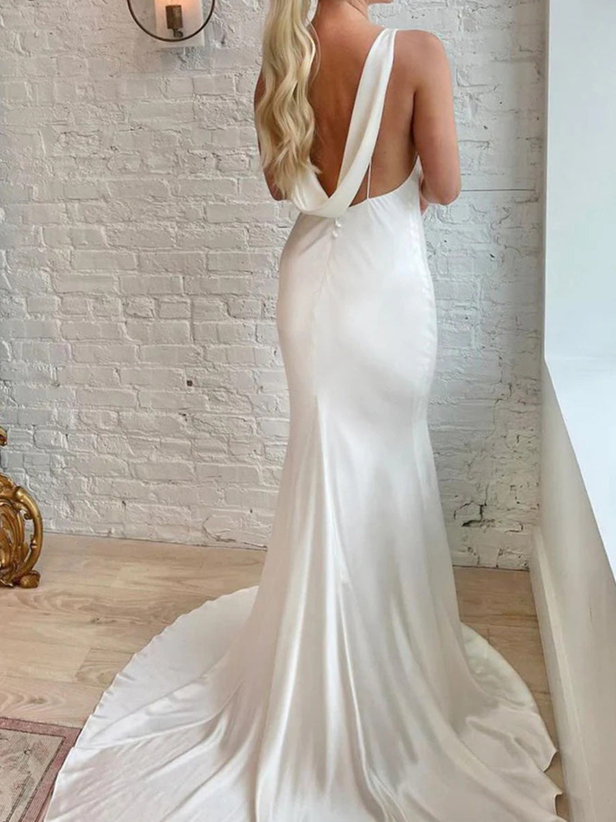 Sheath Cowl Court Train Silk Like Satin Wedding Dress