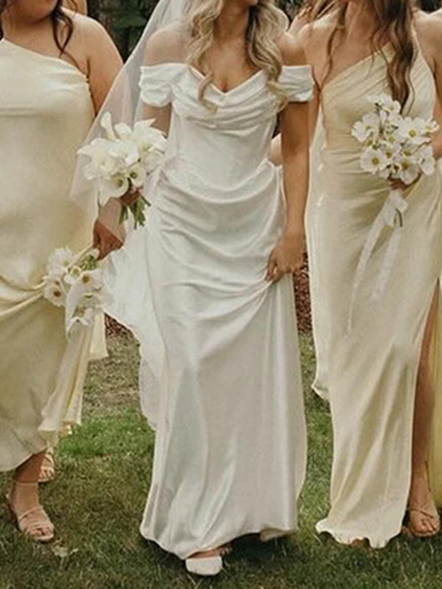 Sheath Off-the-Shoulder Pleated Sweep Train Silk Like Satin Wedding Dress