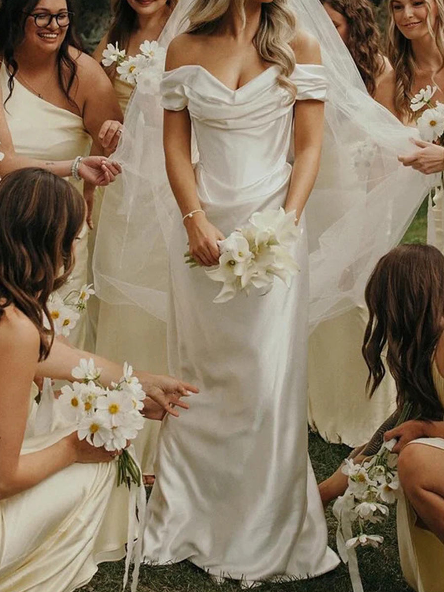 Sheath Off-the-Shoulder Pleated Sweep Train Silk Like Satin Wedding Dress