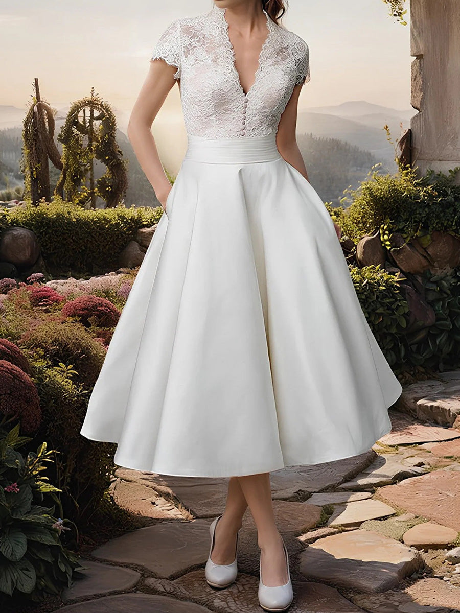 A-line V-neck Short Sleeves Appliques Lace Tea-Length Satin Corset Wedding Dress