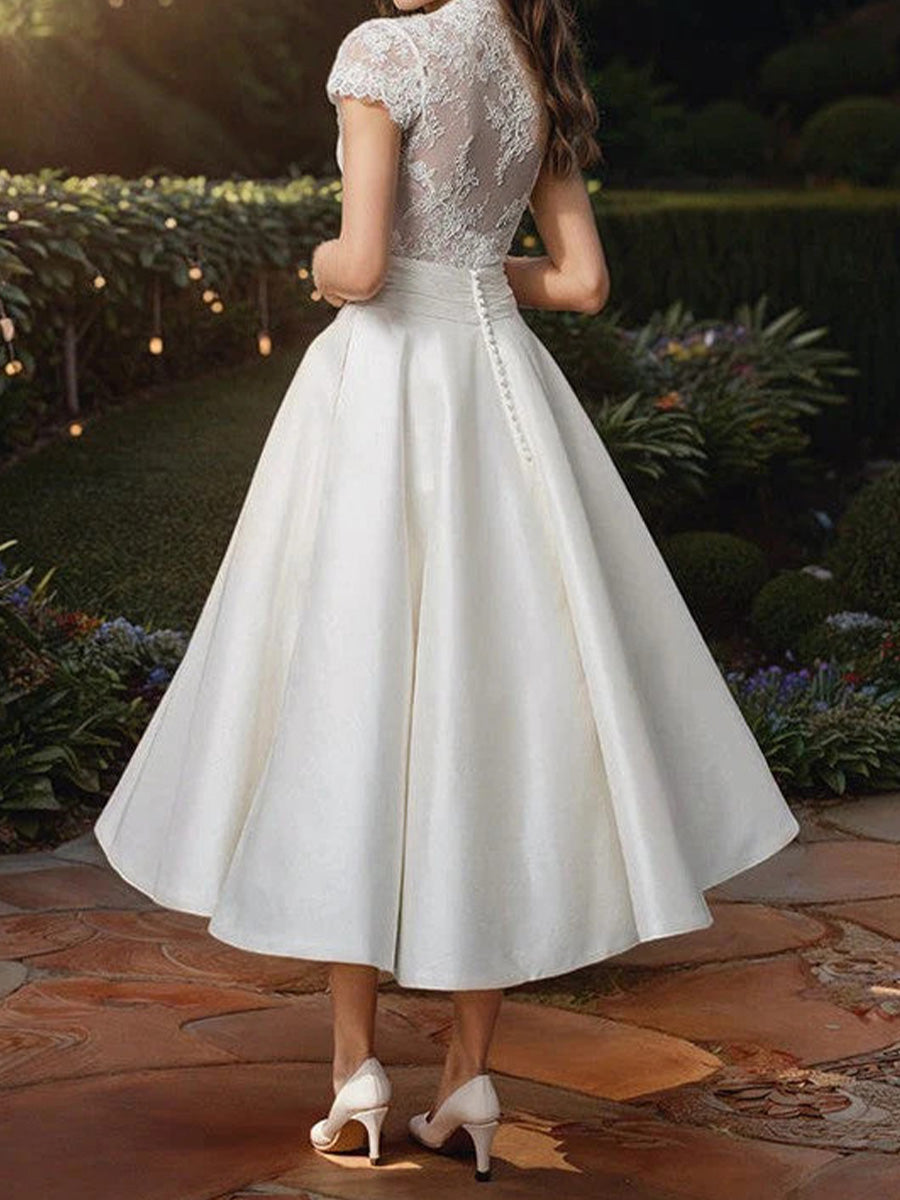 A-line V-neck Short Sleeves Appliques Lace Tea-Length Satin Corset Wedding Dress