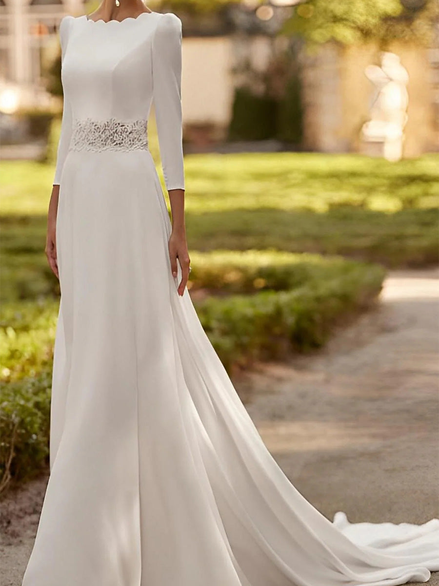 A-line Scoop 3/4 Sleeves Appliques Lace Chapel Train Stretch Crepe Corset Wedding Dress