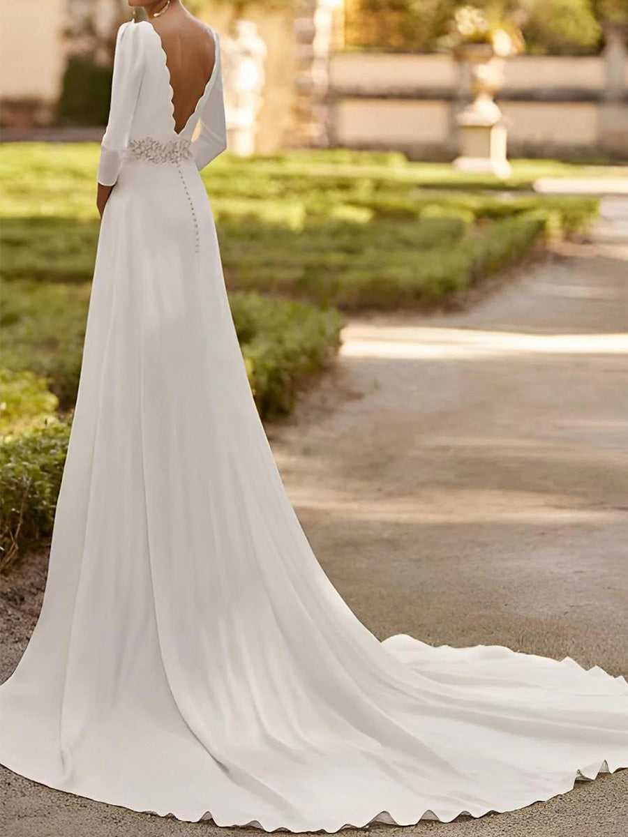 A-line Scoop 3/4 Sleeves Appliques Lace Chapel Train Stretch Crepe Corset Wedding Dress