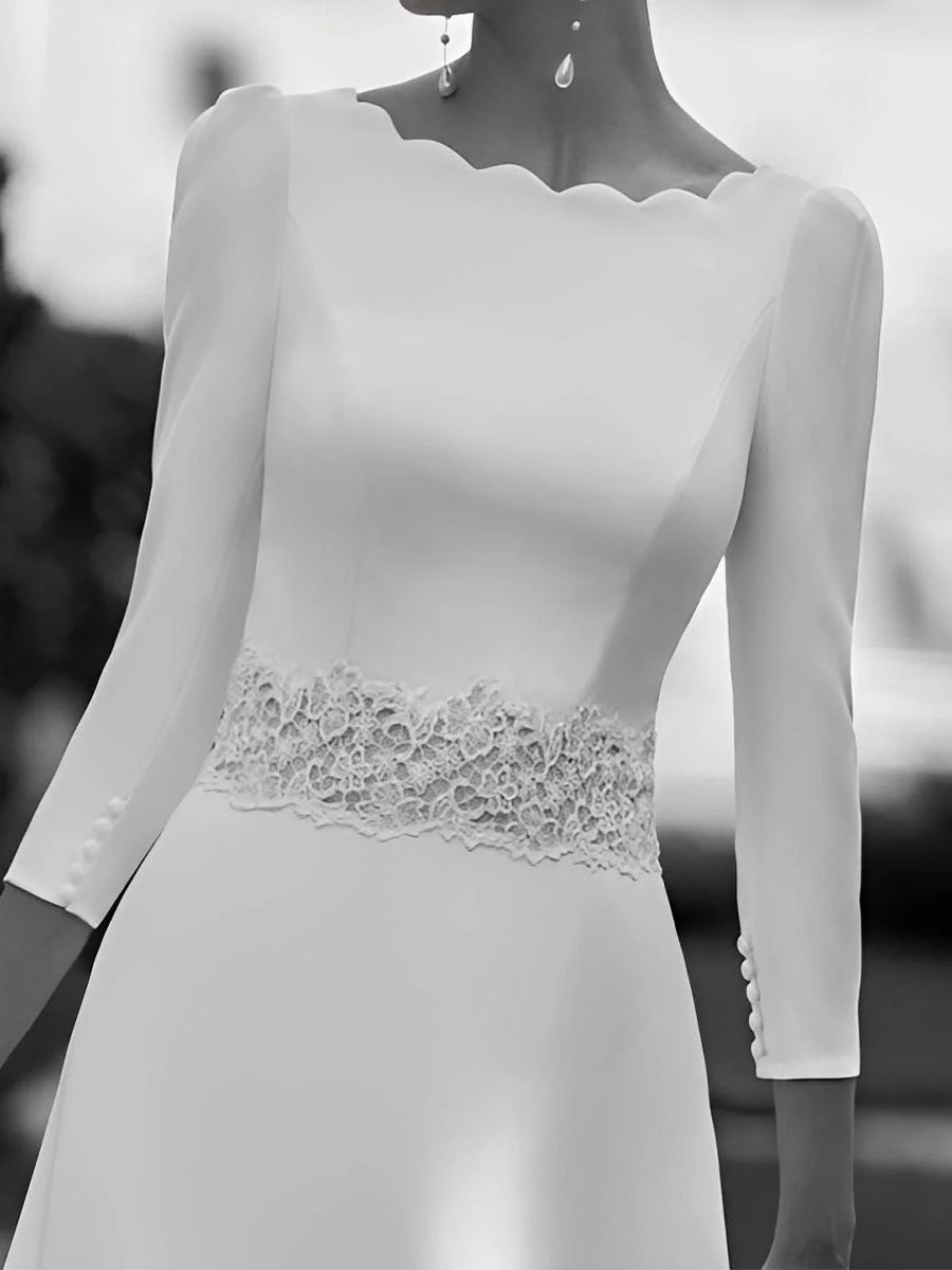 A-line Scoop 3/4 Sleeves Appliques Lace Chapel Train Stretch Crepe Corset Wedding Dress