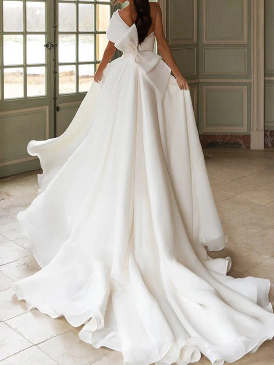 A-line One-Shoulder Appliques Lace Chapel Train Organza Corset Wedding Dress