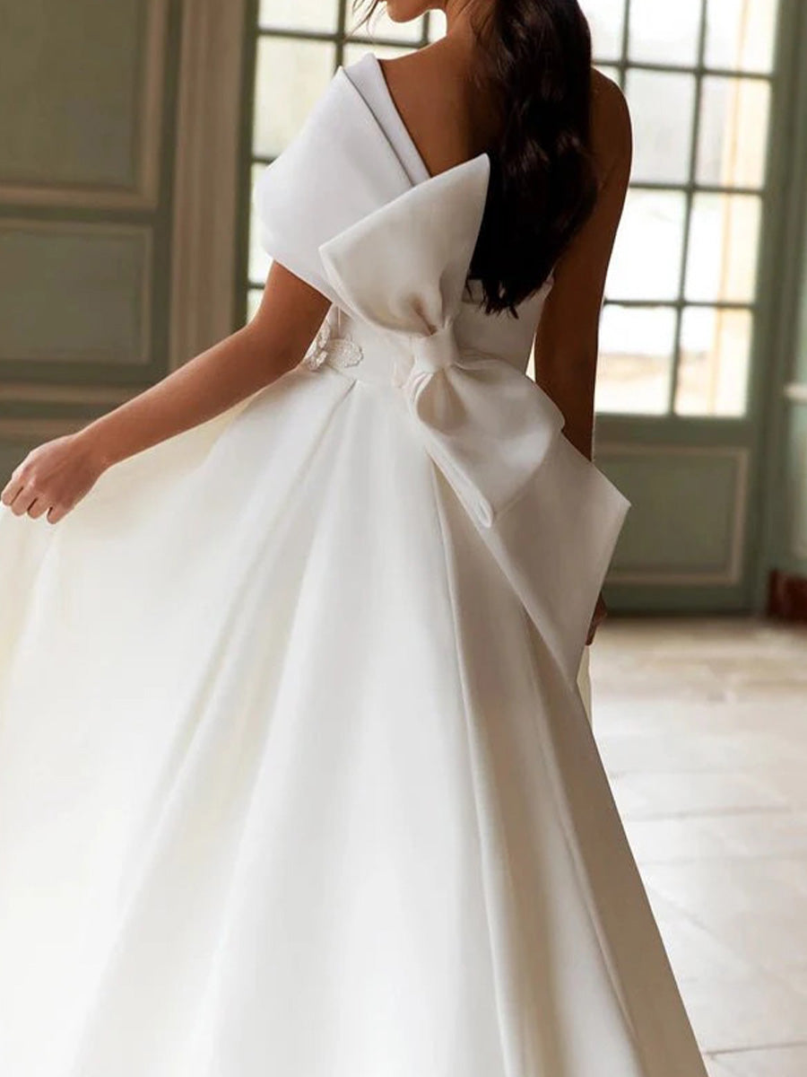 A-line One-Shoulder Appliques Lace Chapel Train Organza Corset Wedding Dress