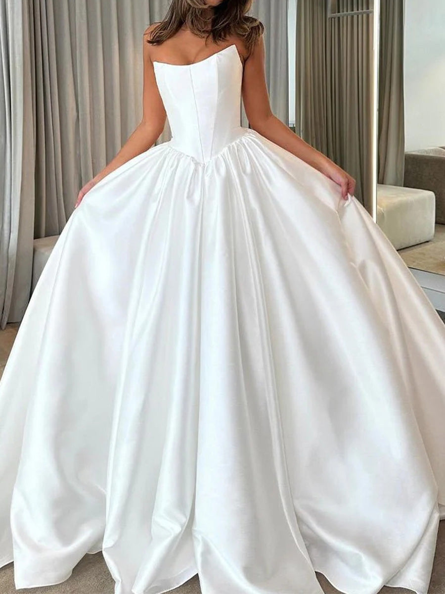 A-line Straight Chapel Train Satin Corset Wedding Dress